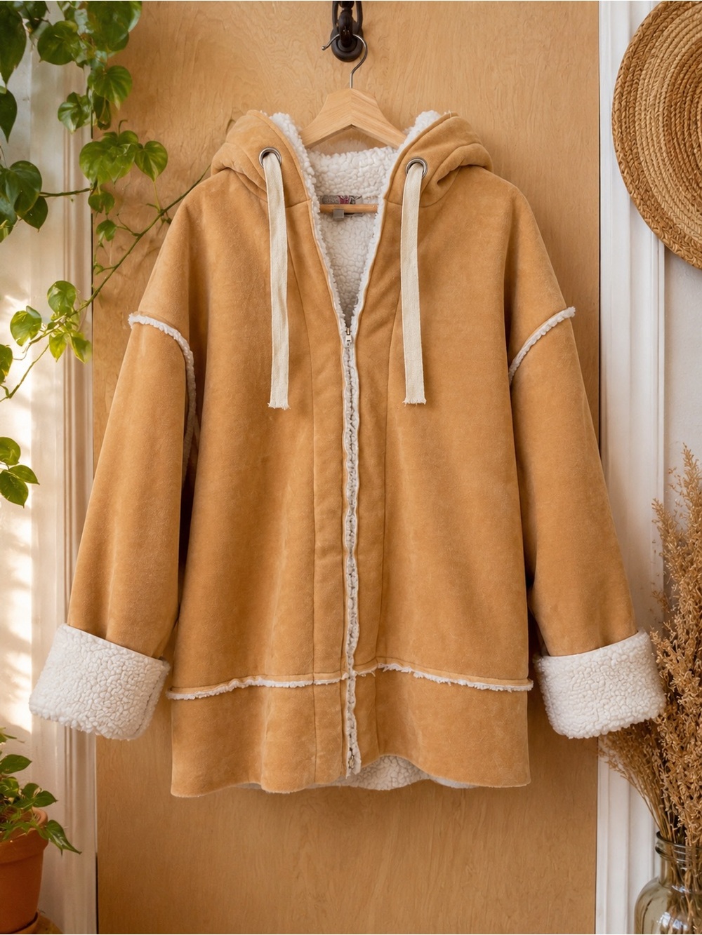 Ecote Urban Outfitters Camel Sherpa Lined Hooded Coat Women’s M/L Boho 🧸